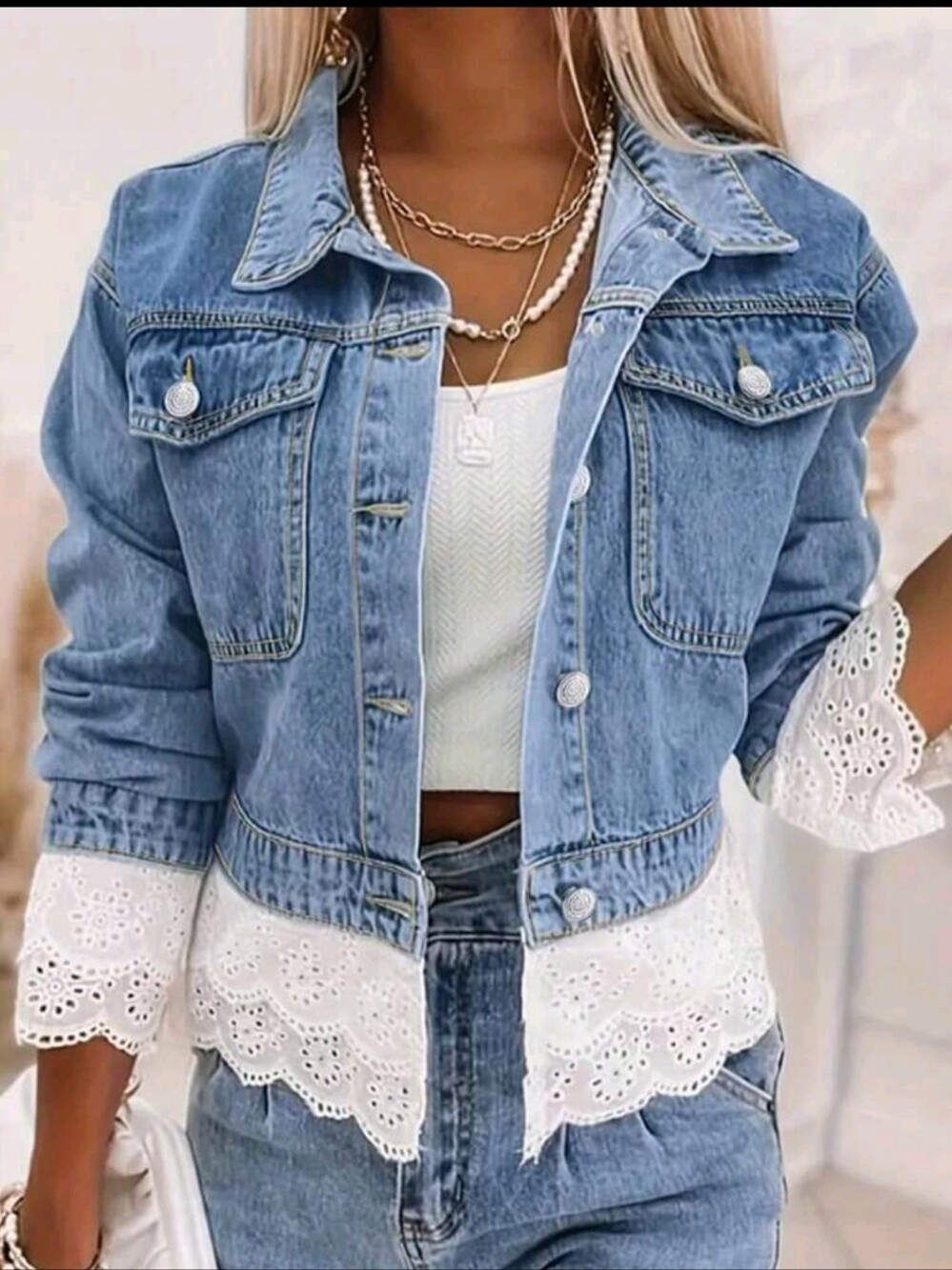 Women’s Light Blue Denim Jacket with White Lace Trim